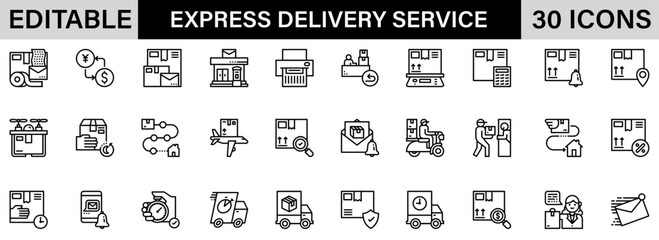 Express Delivery Service icon pack design in adobe illustrator I 30 Editable Stoke I Victor File. 