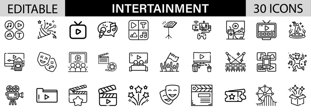 Intertainment icon pack design in adobe illustrator I 30 Editable Stoke I Victor File. 