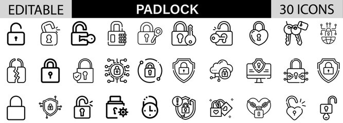 Padlock icon pack design in adobe illustrator I Editable Stoke I Victor File. 