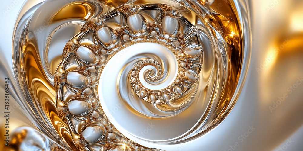 Aufkleber exploring an intricate fractal spiral, the metallic surfaces shimmer and reflect light, creating a c