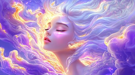 Ethereal portrait of a woman surrounded by colorful light.