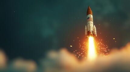 Fototapeta premium Rocket launching into the sky with fiery exhaust trail