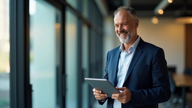 Happy middle aged business man ceo wearing suit standing in office using digital tablet. Smiling mature businessman professional executive manager looking away thinking working on tech device.