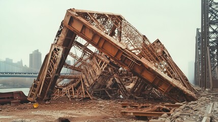 Obraz premium Collapsed bridge wreck amidst cityscape background.