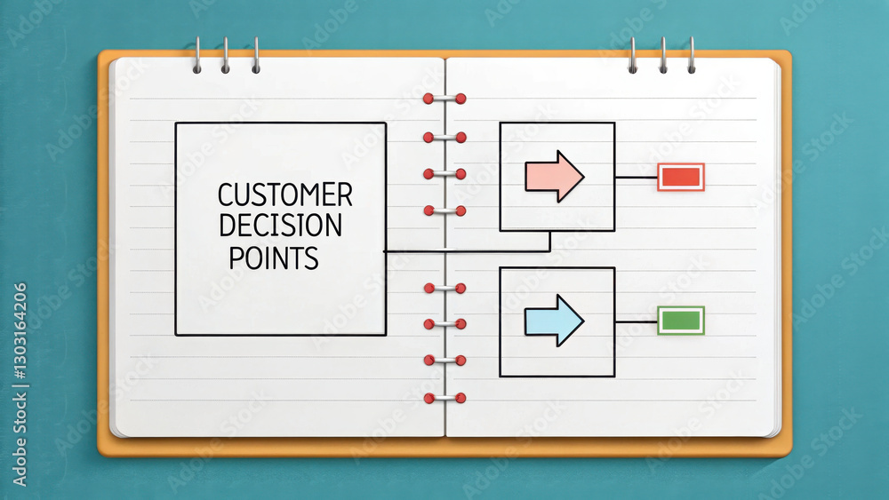Poster customer decision points flowchart on notebook page, illustrating various pathways and choices. this