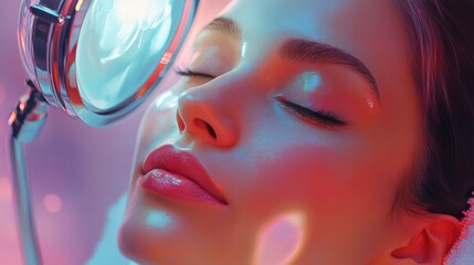 Naklejka premium Woman enjoying facial spa treatment under magnifying