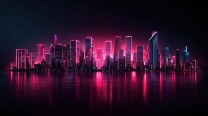 Obraz premium Neon-lit city skyline reflecting on water at night.