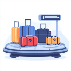 Circular airport baggage carousel with colorful suitcases and a direction sign, isolated on a white background