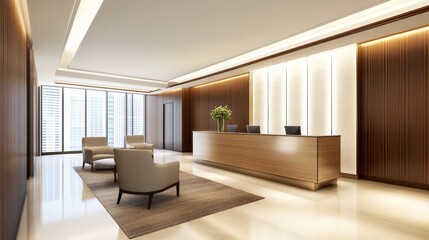 Fototapeta premium Modern office reception area with elegant furniture, large windows, and minimalistic decor