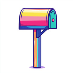 Colorful modern mailbox with a rainbow gradient design, mounted on a post, isolated on a white background