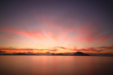sunset on the beach. Seaside town of Turgutreis and spectacular sunsets. Selective Focus. Long Exposure shoot. tranquility scene.