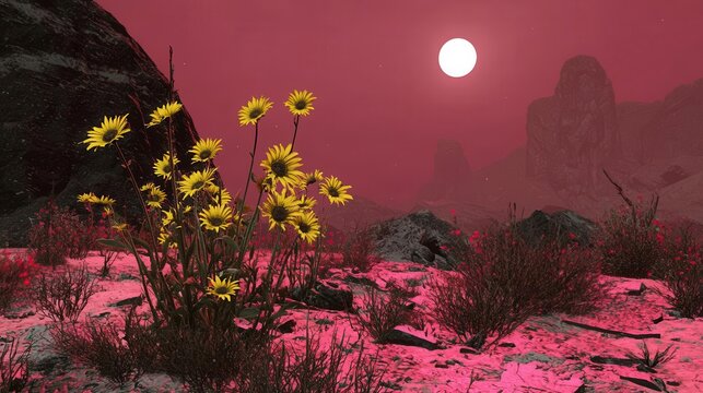 Surreal Sunset Landscape with Yellow Flowers and Full Moon