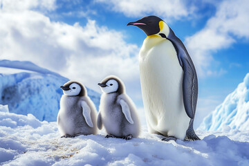 Fototapeta premium Photograph of an adult penguin with two small, fluffy chicks, standing on the ice in Antarctica, with a blue sky and white clouds in the background.