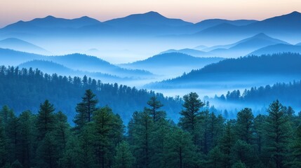 Obraz premium Misty blue mountains at dawn, layers of hills and evergreen forest.
