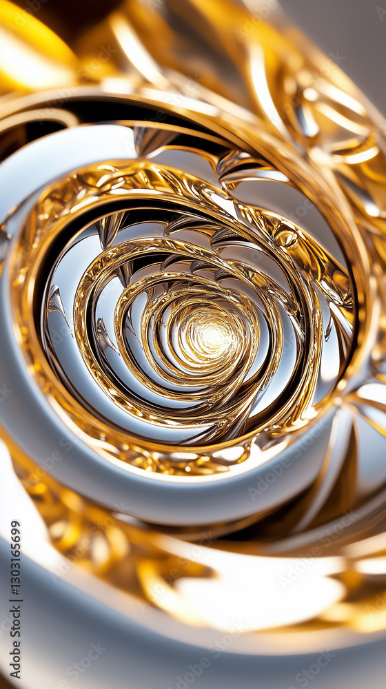 Poster experience a stunning fractal spiral adorned with a metallic sheen that plays with light, creating a
