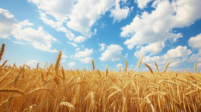 Golden wheat field swaying gently under a bright blue sky with fluffy white clouds on a warm sunny day in rural countryside. Generative AI