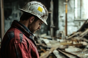 Worker with helmet amid construction debris.