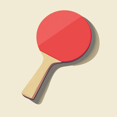 A red table tennis paddle with a wooden handle, casting a shadow on a beige background. A minimalistic and modern representation of the popular sport