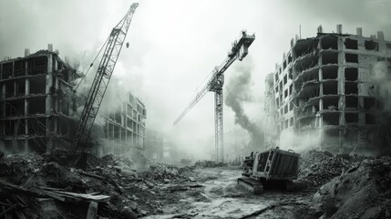 Fototapeta premium Construction site destruction ruined buildings and cranes.