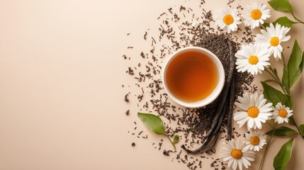 A soothing cup of tea surrounded by tea leaves and daisies, evoking relaxation and nature.