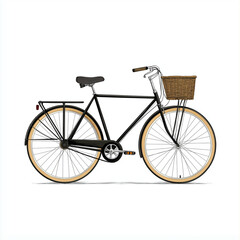 A classic black road bicycle with a brown leather seat and a front wicker basket. A stylish and practical choice for commuting and leisure riding