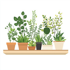 Fototapeta premium A shelf filled with green potted plants, featuring a variety of leaves and textures. A refreshing indoor and outdoor decorative element