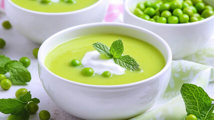A bowl of green pea soup with mint, fresh ingredients, vegetarian meal, food presentation, cuisine, vegetables, ideal lunch idea, creamy vegetable soup, food.