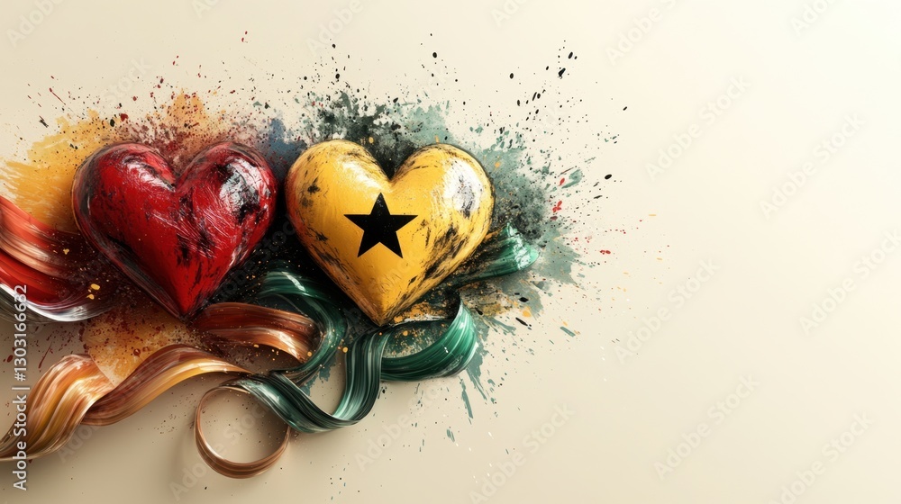 Poster creative artistic representation of two hearts symbolizing unity and diversity with colorful paint s