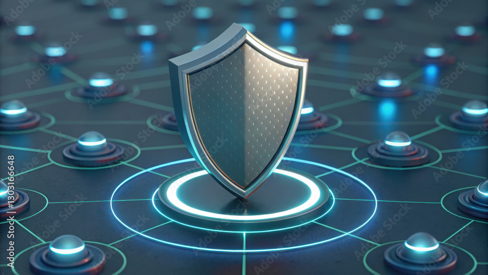 Poster futuristic shield icon hovering over network of nodes, symbolizing security and protection in digita