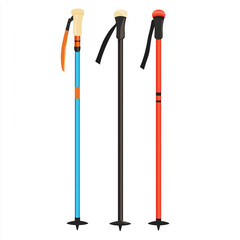 A set of three ski poles with different colors and grip styles, designed for various skiing techniques and terrains