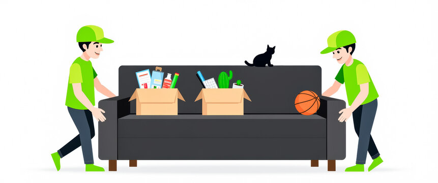 two smiling movers in green uniforms carefully transport a dark-gray couch with boxes and a cat.