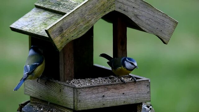  Blaumeisen und Stieglitz am Vogelhaus
