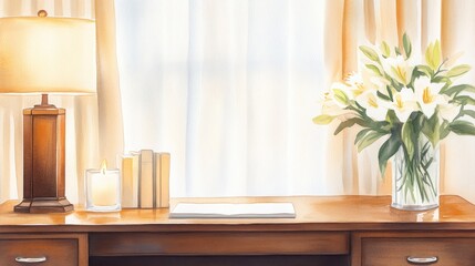 Cozy workspace with a wooden desk, a lamp, flower, and soft natural light filtering through curtains
