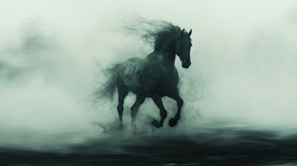 A mystical black horse galloping through fog, creating an ethereal atmosphere.