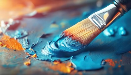 Obraz premium macro close-up of a paintbrush blending thick blue acrylic paint with orange highlights on an artist's palette, creative process