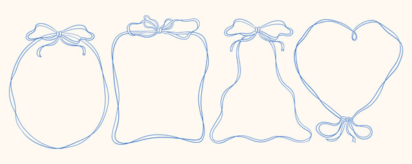 Coquette vintage hand-drawn ribbon and bow frames in monochrome blue ink. Includes oval, rectangular, bell, and heart shapes. Elegant and minimalist, perfect for invitations, greeting cards, and