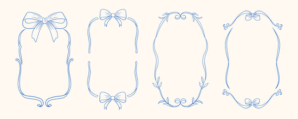 Vintage hand-drawn frames with ribbon bows and elegant swirls in monochrome blue ink. Ideal for invitations, monograms, and stylish branding.