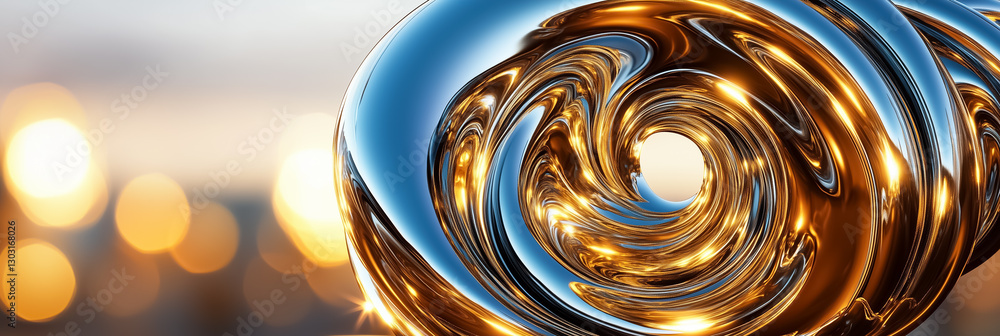 Poster a stunning fractal spiral dances in metallic hues, reflecting warm light and creating an infinite il