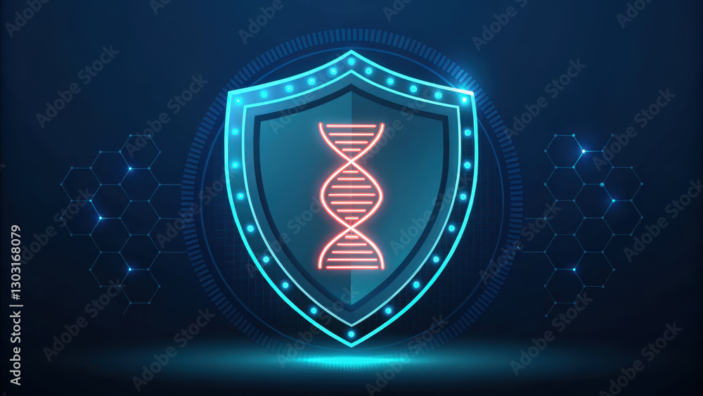 Poster glowing dna helix inside digital shield, symbolizing security and biotechnology. design features hex