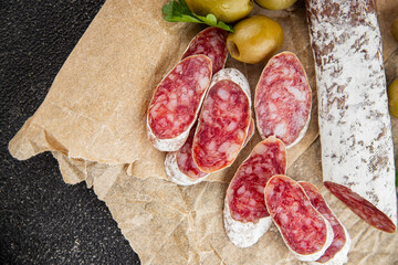 Fuet sausage Spanish meat delicacy fresh delicious gourmet food background on the table rustic food top view copy space