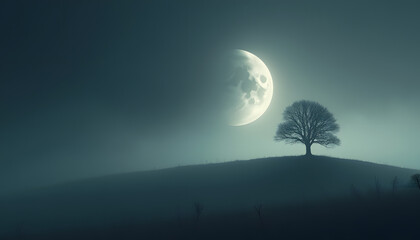 Large full moon rising above a foggy hill with a solitary tree casting an eerie glow