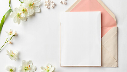 Elegant bridal shower invitation mockup with flowers and pearls, celebration