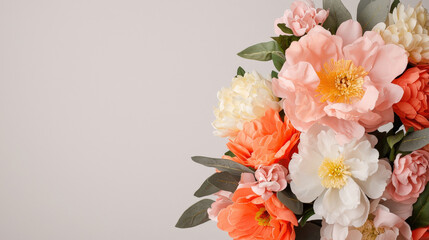 vibrant bouquet of artificial flowers in shades of pink, white, and orange, showcasing intricate petals and lush greenery. Perfect for decoration