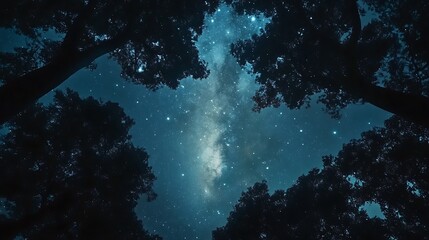 The Milky Way galaxy rising above a forest canopy, framed by silhouetted trees