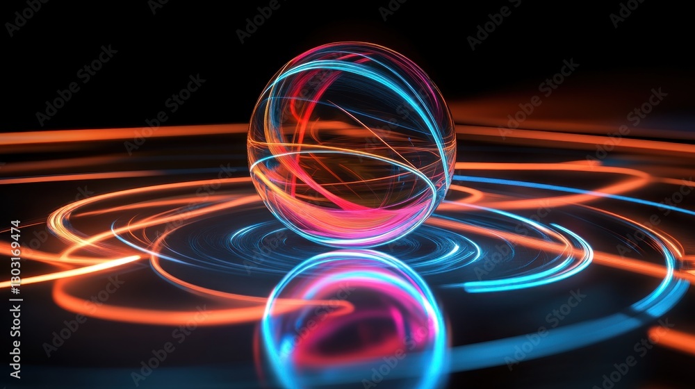 Poster a colorful sphere surrounded by swirling light patterns on a dark background.