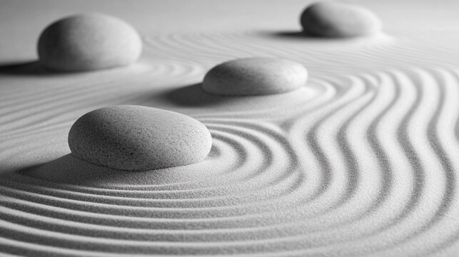Explore the tranquility of a peaceful Zen garden with carefully raked sand and smooth stones promoting mindfulness and relaxation in natural surroundings. Generative AI
