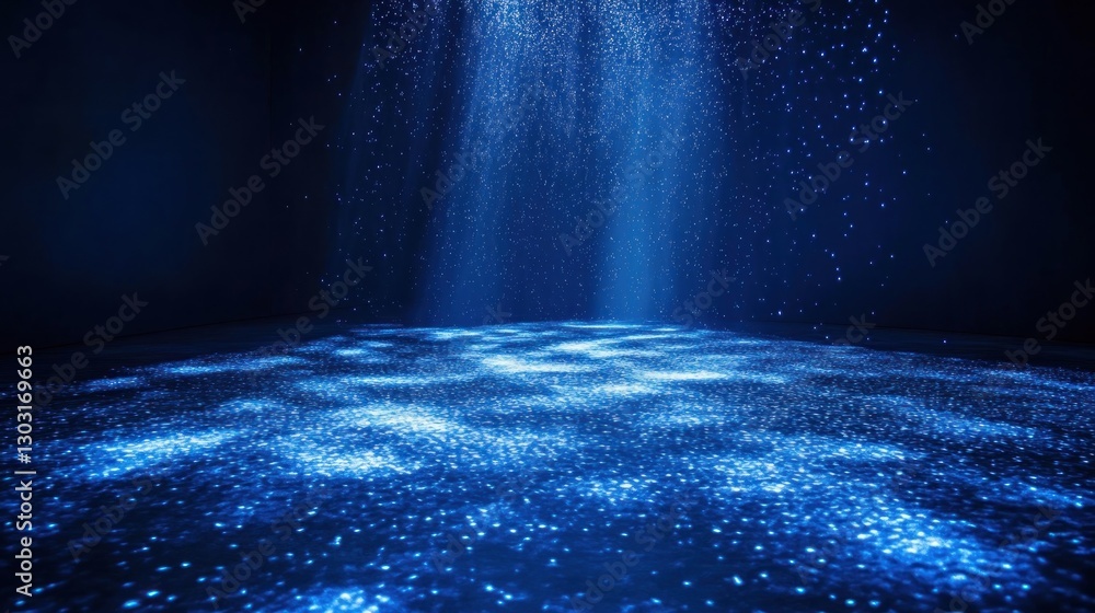 Poster a serene blue light display creating a tranquil atmosphere with sparkling effects.