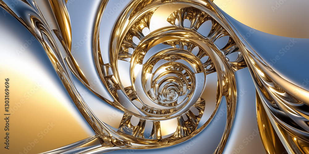 Aufkleber a mesmerizing metallic spiral unfolds infinitely, shimmering with light reflections. this fractal pa