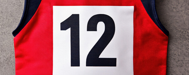Close up of racing bib with number 12 on red background, symbolizing competition and athleticism