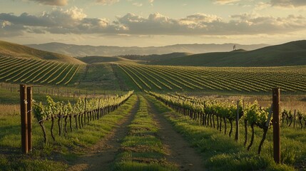 Fototapeta premium Serene Vineyard Landscape at Sunset Rows of Grapevines Peaceful Countryside